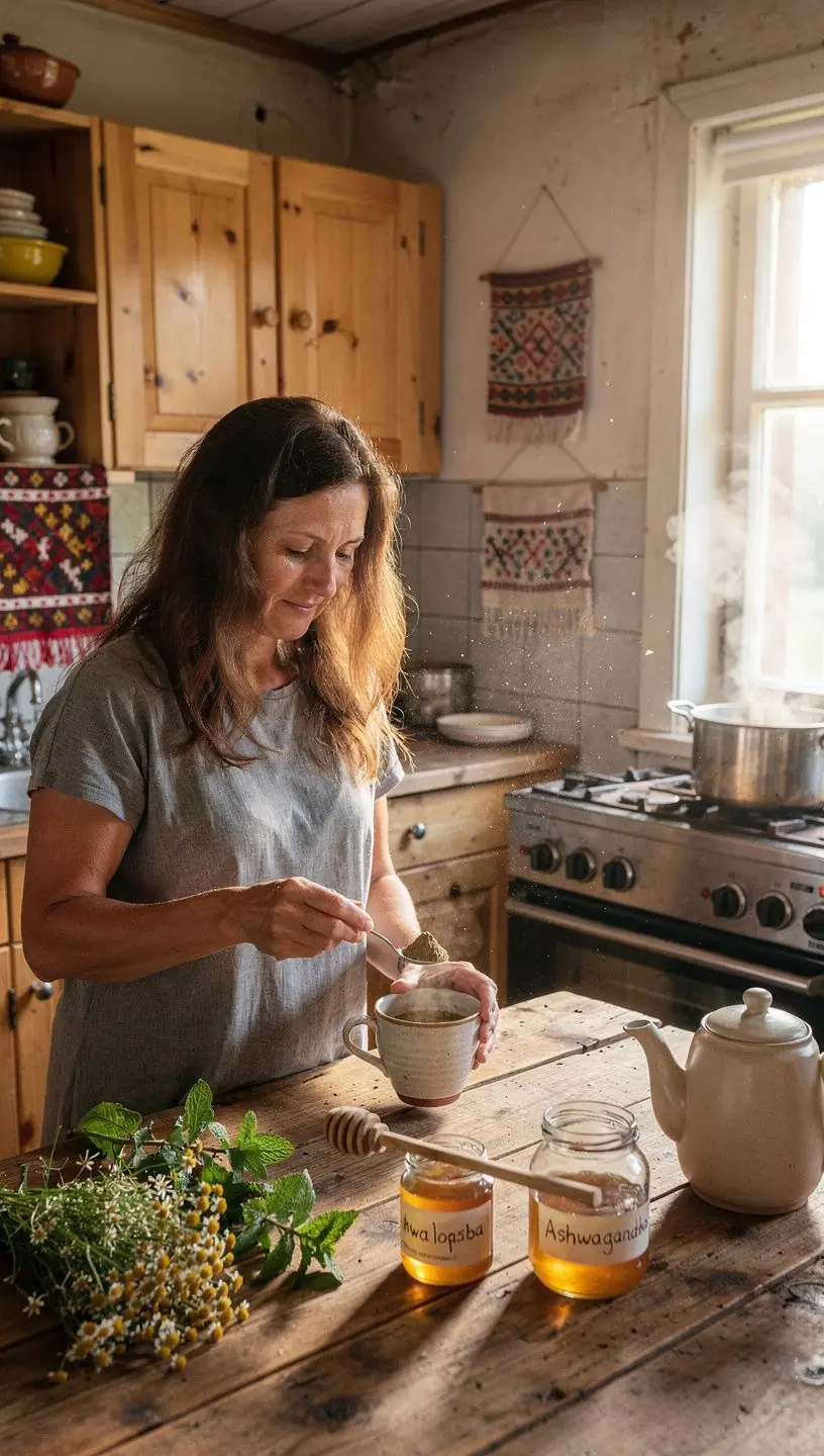 Natūralūs ingredientai, tokie kaip ashwagandha, vaizduojami šviežių žolelių fone, simbolizuojantys ramybę ir gerovę.