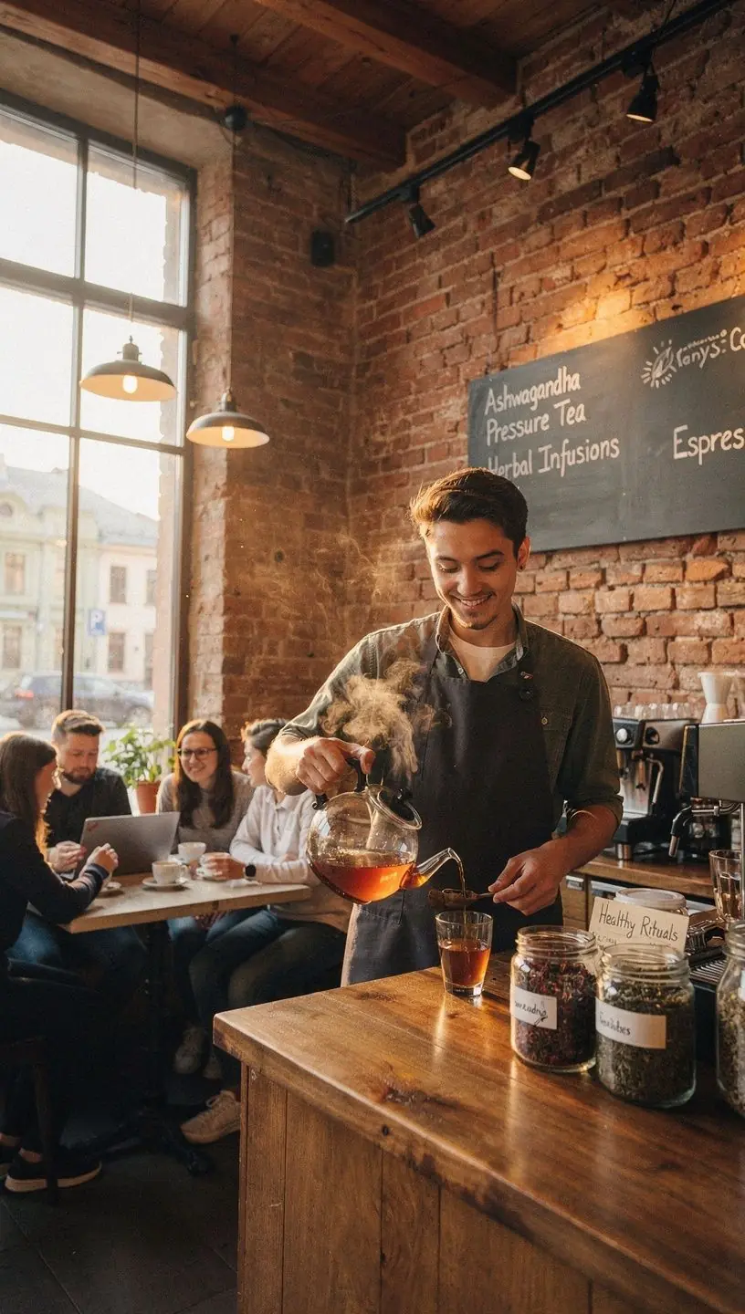 Ashwagandha arbatos puodelis su šviežiais ingredientais, skatinantis ramybę ir gerą savijautą.