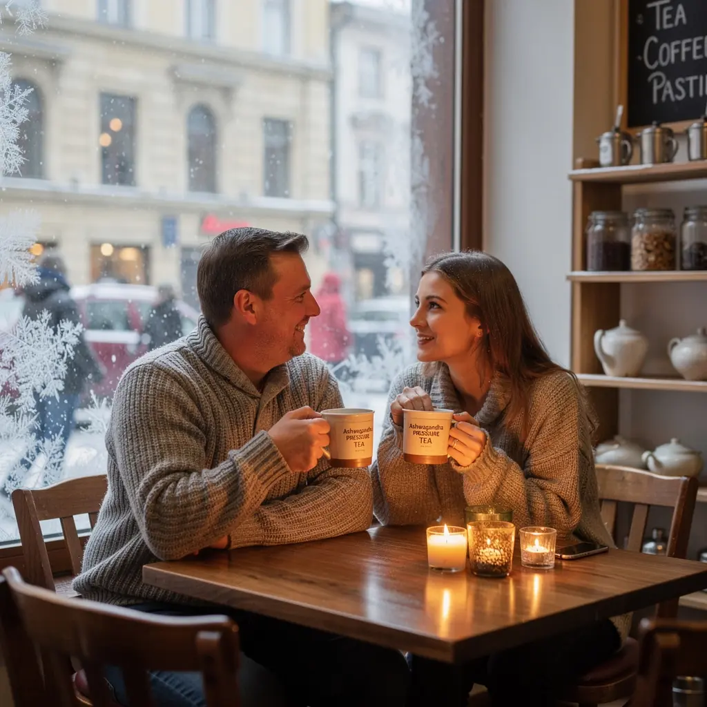 Ashwagandha žolelių arbata, skirta streso valdymui ir sveikai kraujo spaudimui.