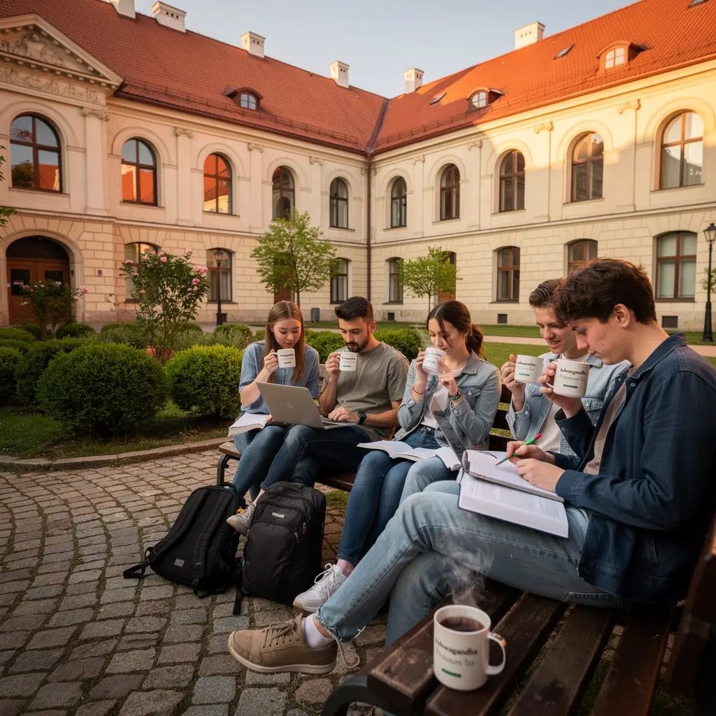 Puodelis aromatingos arbatos su ashwagandha, šalia šviežios citrinos riekelės.