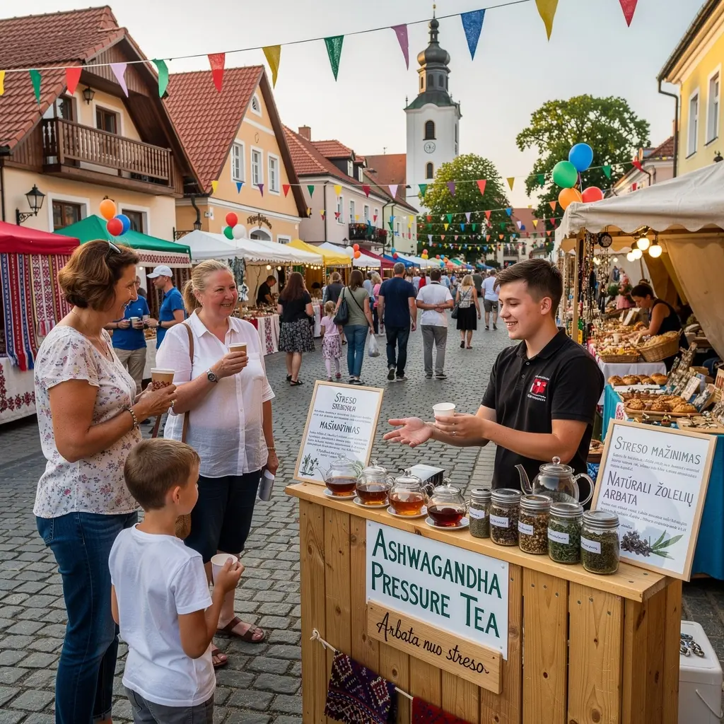Žolelių ingredientai, naudojami adaptogeninei arbatai, sudėti ant medinio stalo.