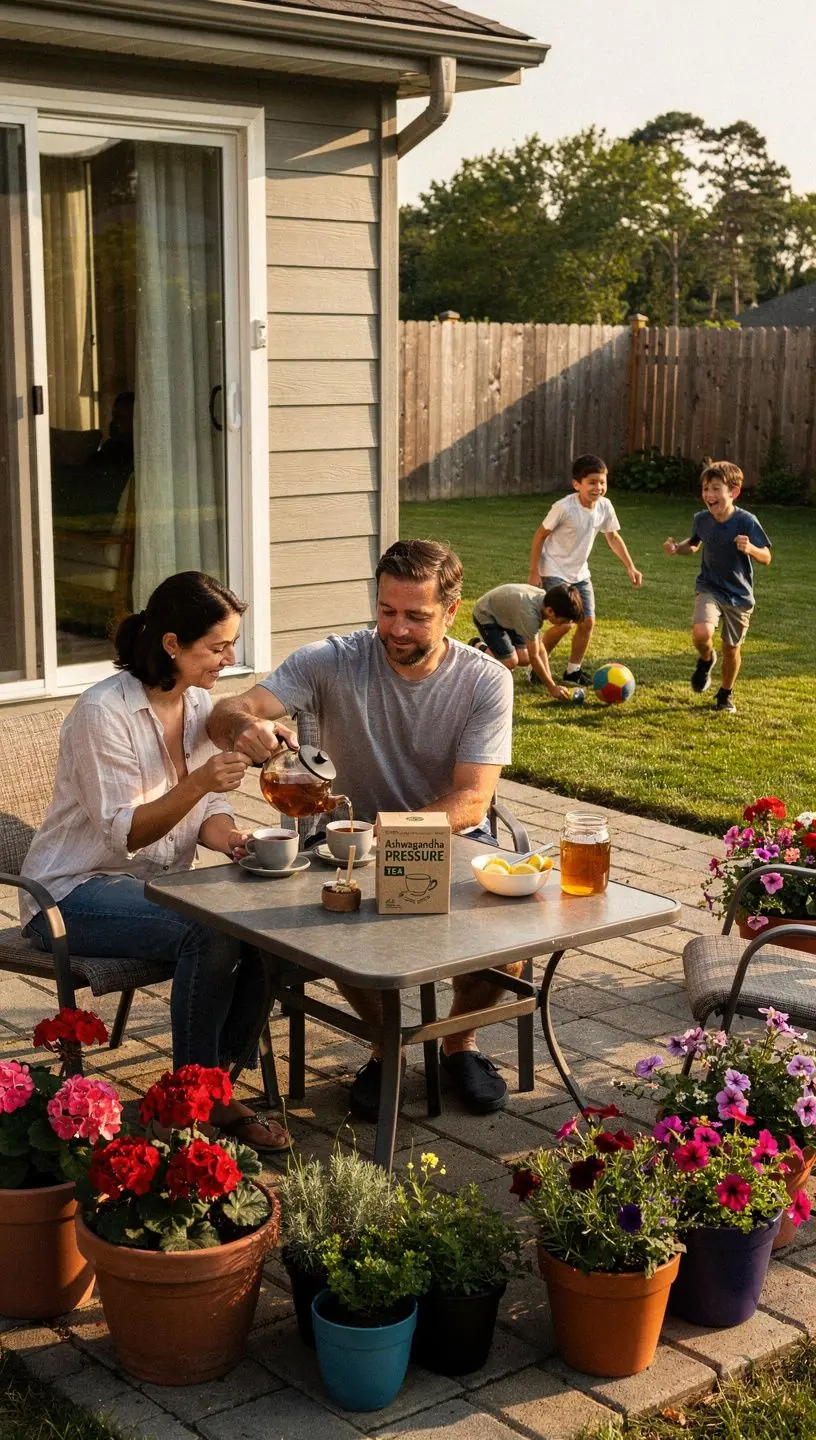 Ashwagandha arbatos puodelis su garuojančia skysčio paviršiumi ir šviežiais žolelėmis.